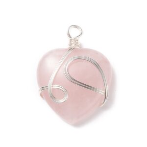 Lot de 10 Pendentifs Cœur en Quartz Rose Naturel et Fil de Cuivre Argenté