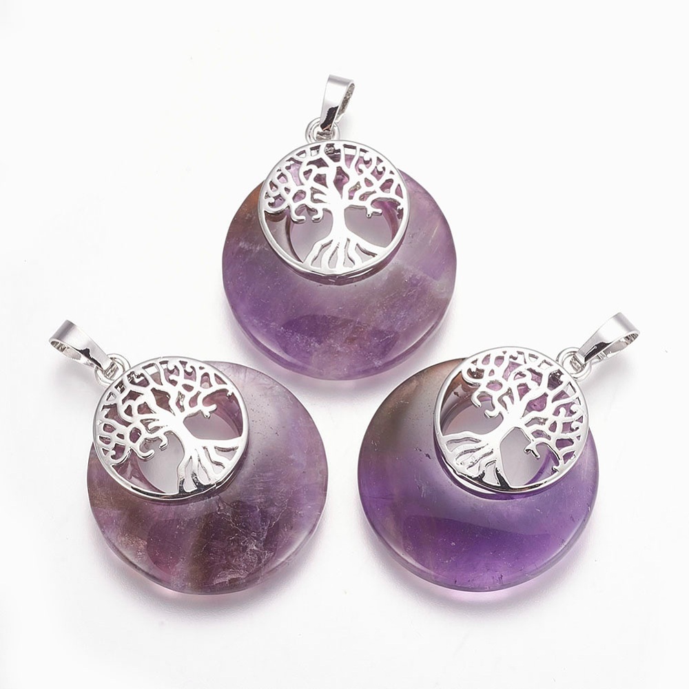 Lot de 10 pendentifs médaillons ronds en améthyste - Arbre de Vie