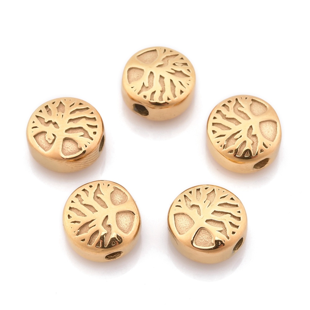 Lot de 10 perles rondes plates Arbre de Vie en acier inoxydable 304