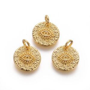 Lot de 10 Charms Médaillon Rond Oeil en Laiton Doré